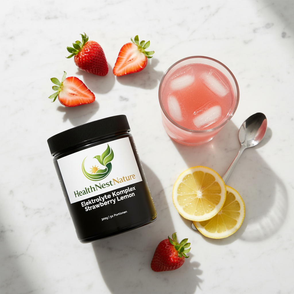 Electrolyte Complex Strawberry Lemon supplement flat lay with fresh strawberries and lemon