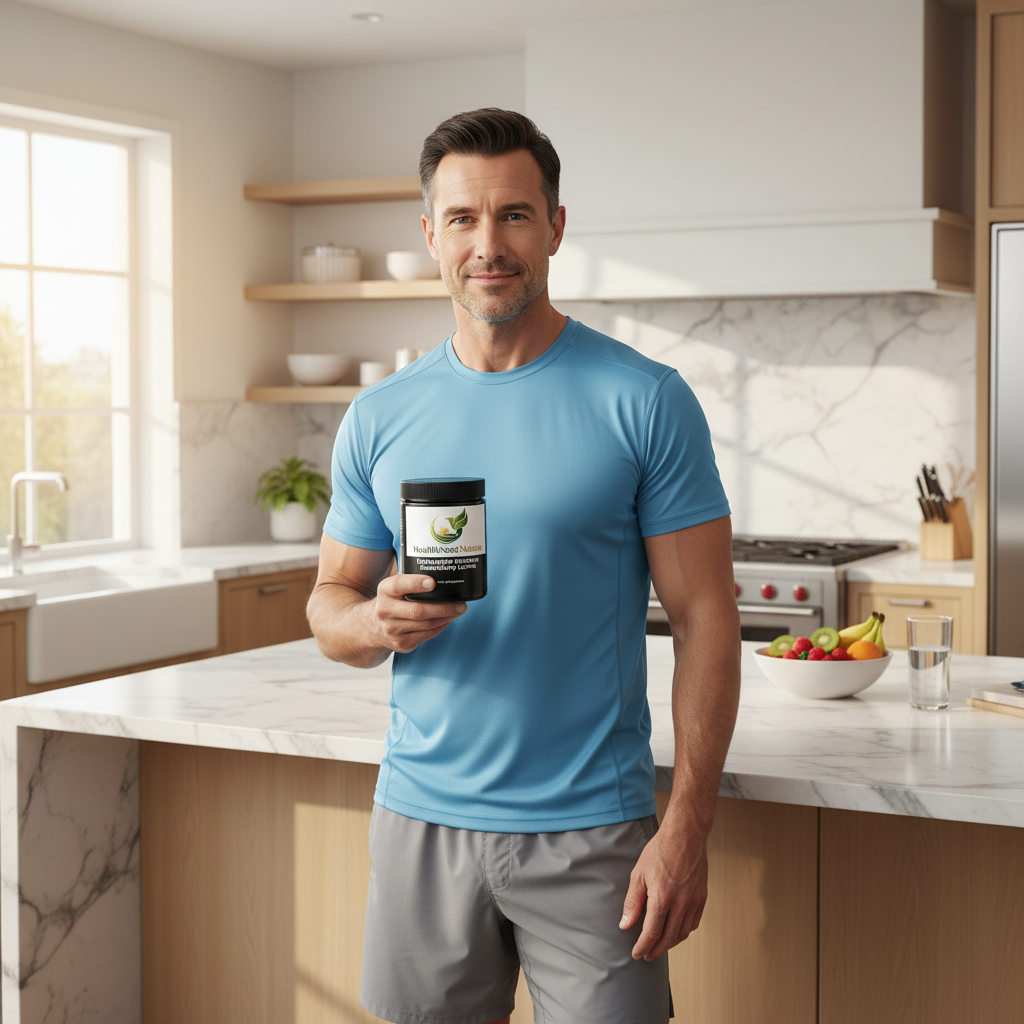 Man holding Iron + Vitamin C supplement jar in bright kitchen morning routine