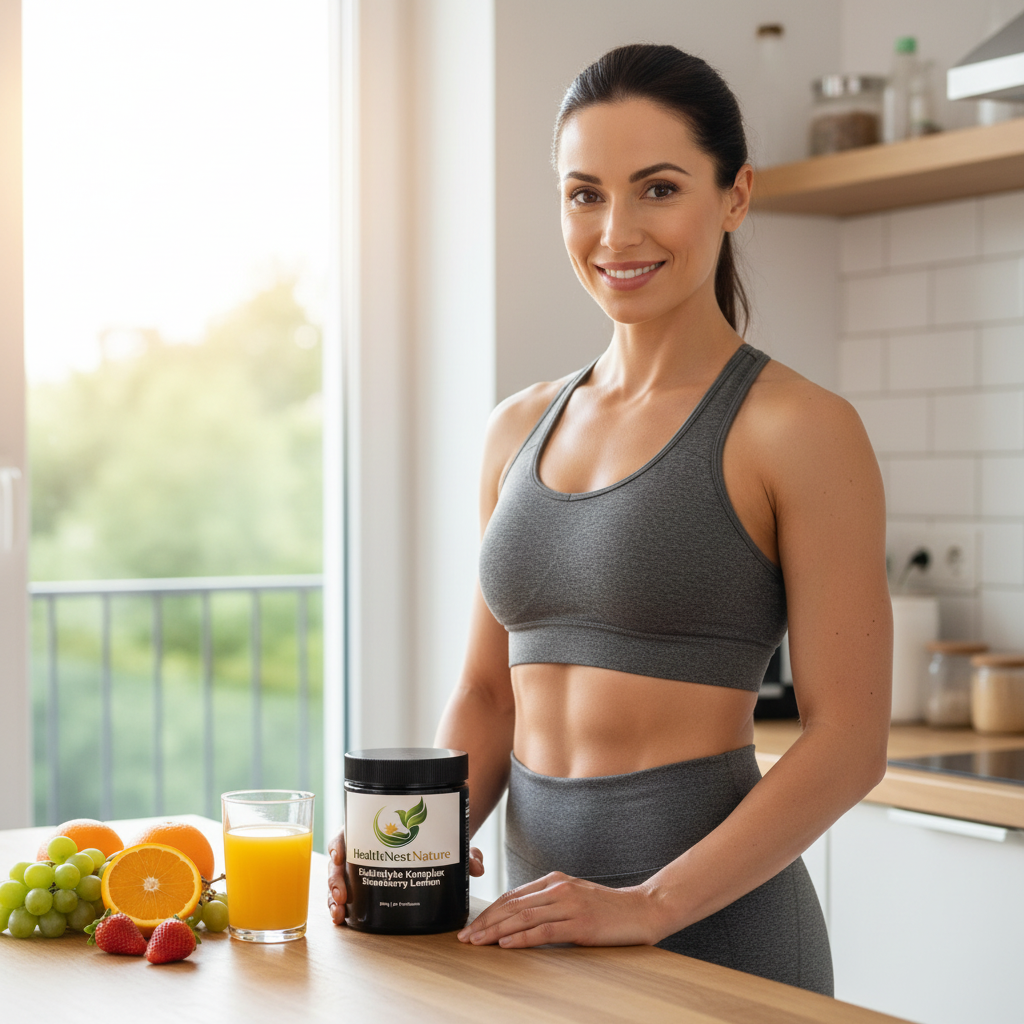 Woman holding Iron + Vitamin C supplement next to orange juice and fresh fruits