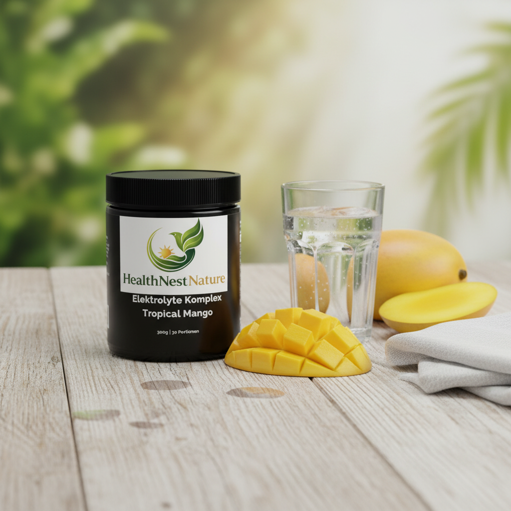 Electrolyte Complex Tropical Mango supplement flat lay with fresh mango and water