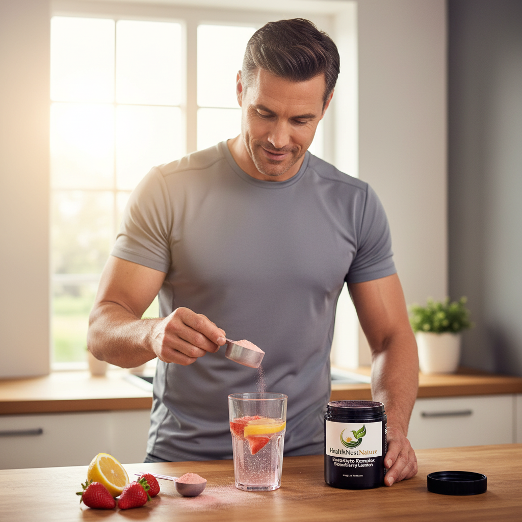 Man mixing Electrolyte Complex Strawberry Lemon powder with fresh fruits in kitchen
