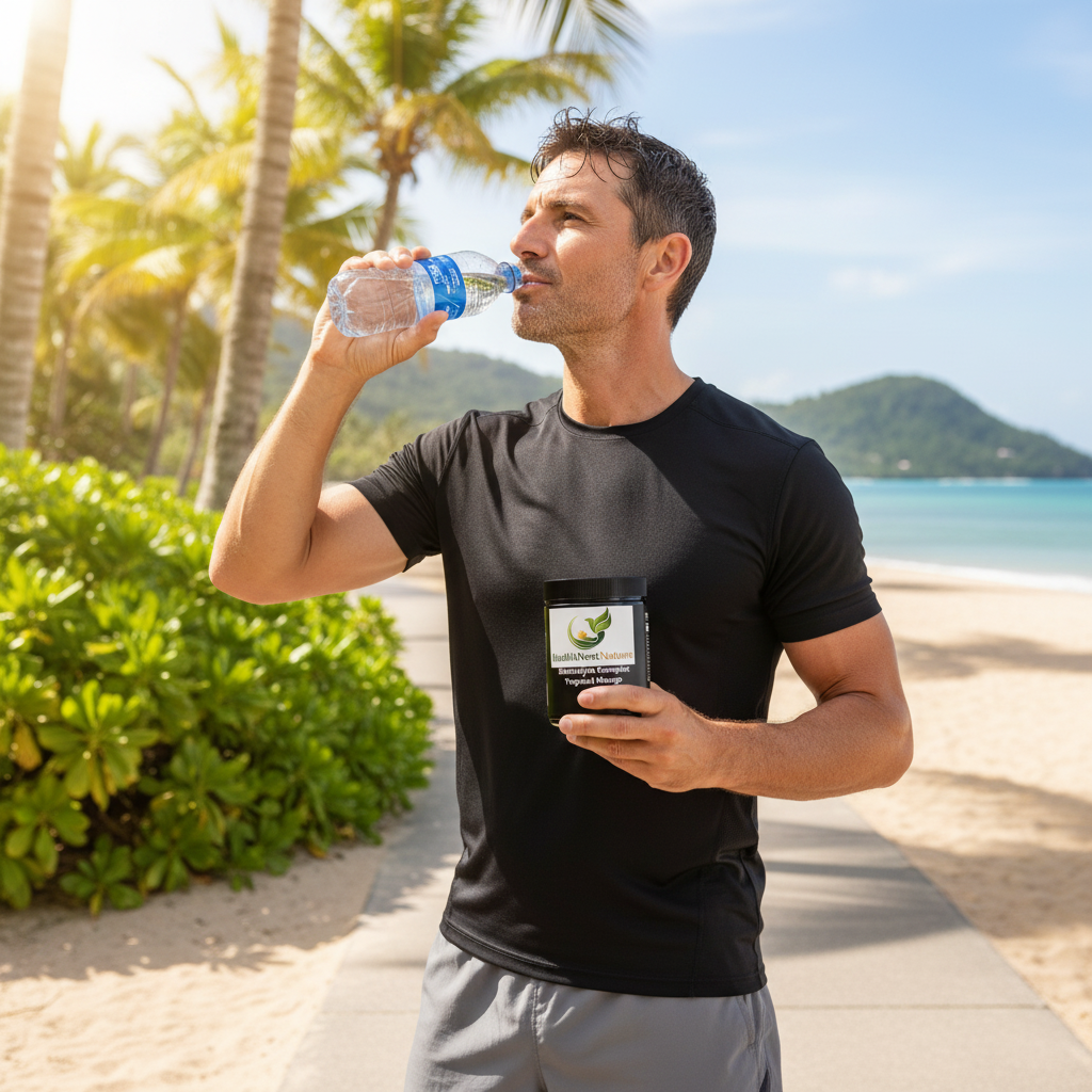Man holding Electrolyte Complex Tropical Mango supplement after outdoor workout