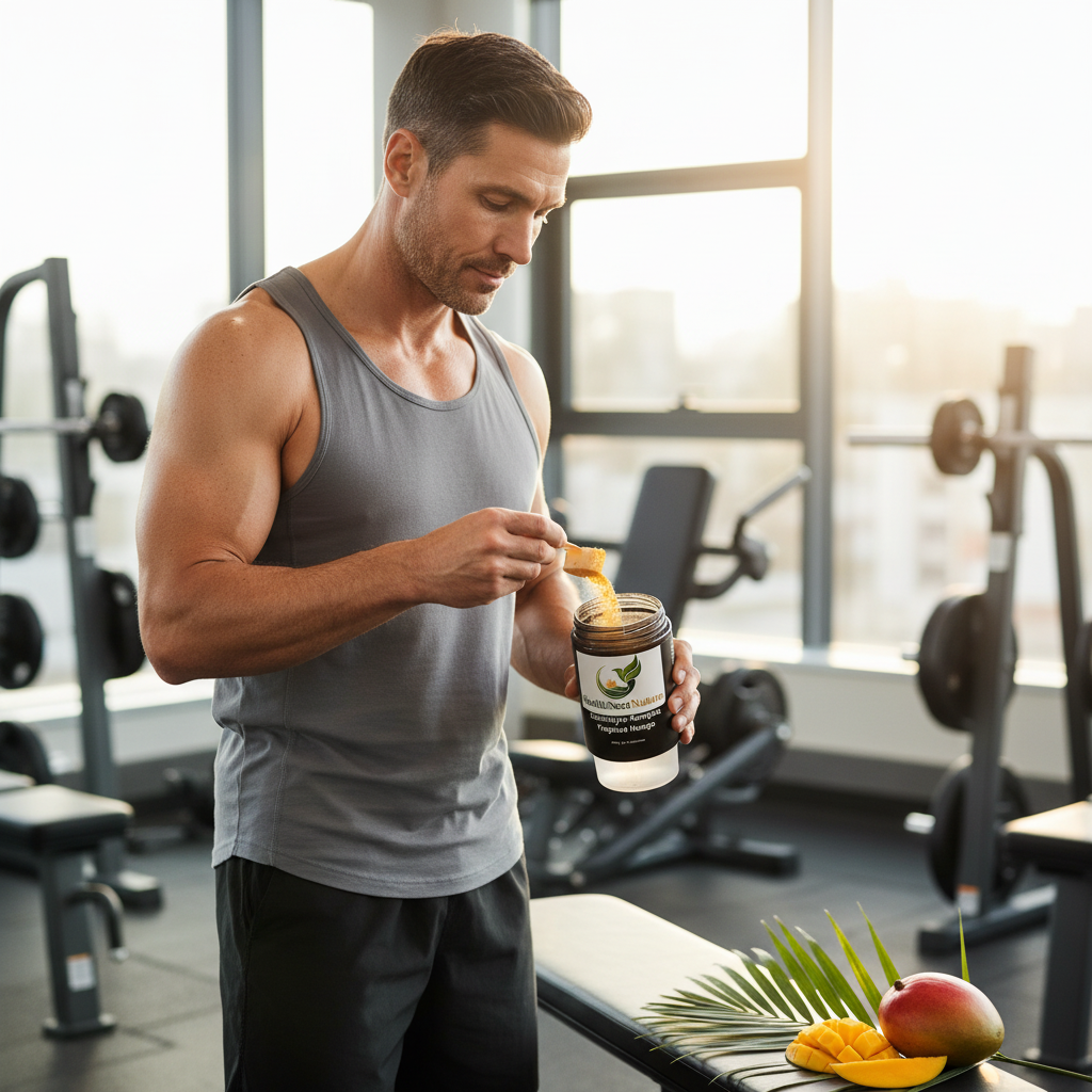 Man mixing Electrolyte Complex Tropical Mango powder into shaker at gym