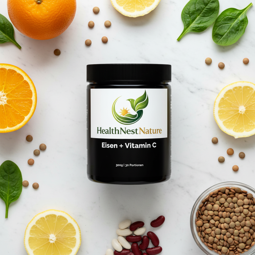 Iron + Vitamin C supplement flat lay with oranges, spinach and iron-rich foods